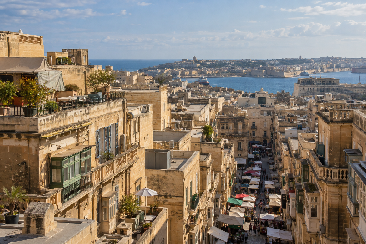 Generated photograph of limestone buildings and a street market overlooking the Mediterranean