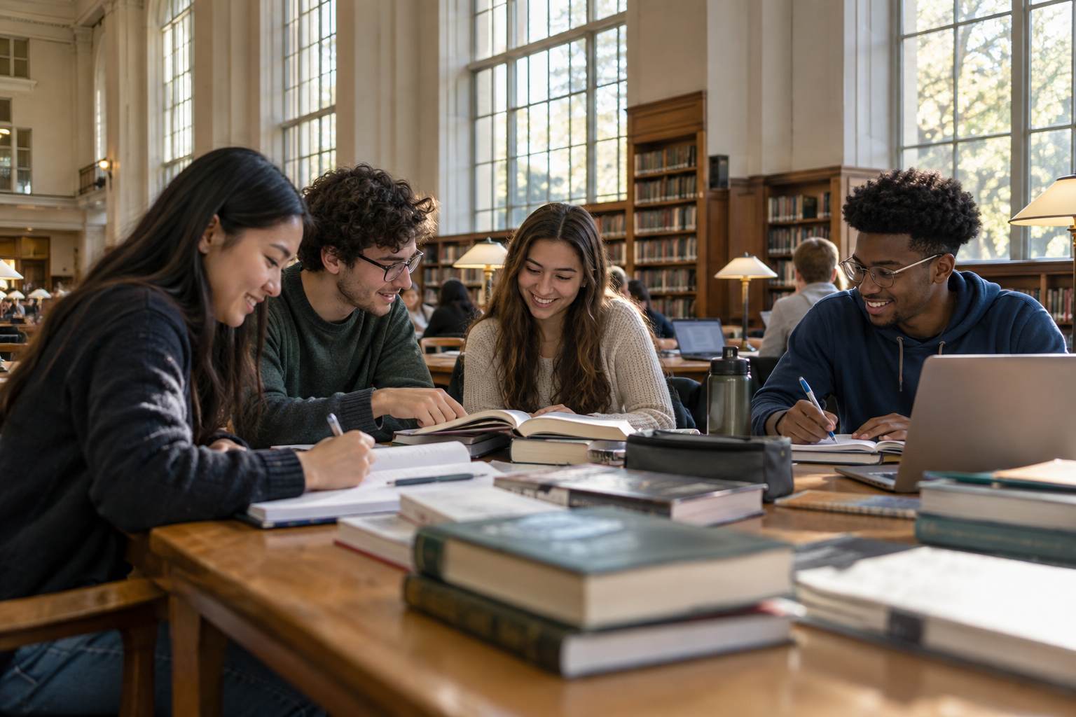 Generated photograph of students studying together in a university library